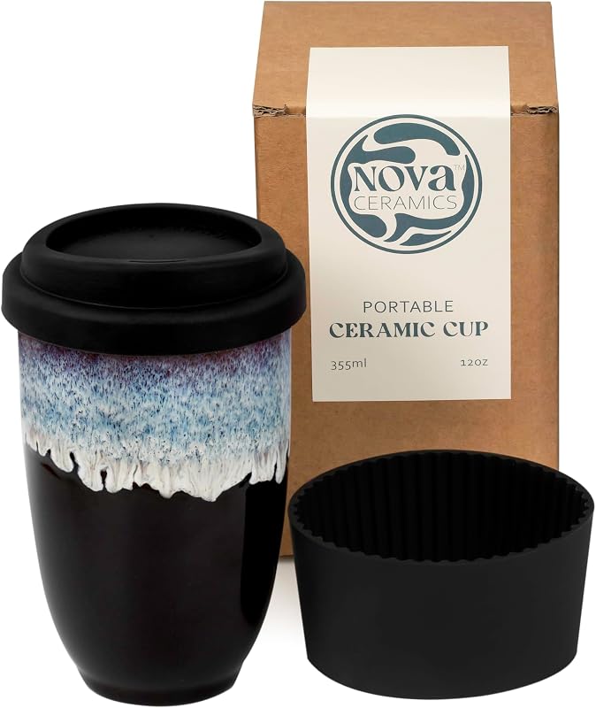 NOVA CERAMICS Taza de café de viaje de 12 oz – Vaso único apto para microondas y lavavajillas con tapa – Regalos para mujeres y hombres