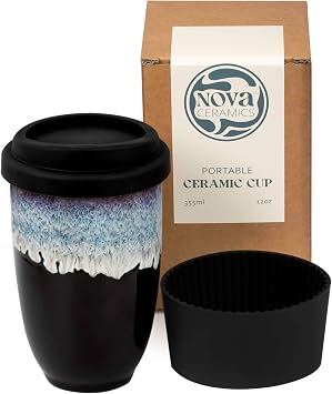 NOVA CERAMICS Travel Mug - Ceramic Travel Mug with Lid – Travel Coffee Mug Unique to Go Cup – Microwave & Dishwasher Safe Coffee Tumbler - Gifts for Women Men Him Her – 12oz - Monsoon