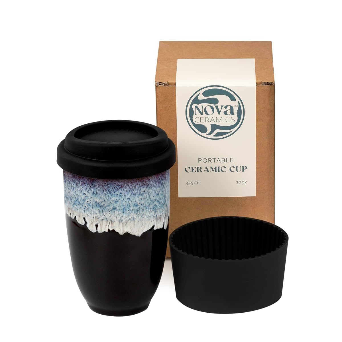 Nova Ceramics Reusable Coffee Cup, Ceramic Travel Mug with Lid and Sleeve,