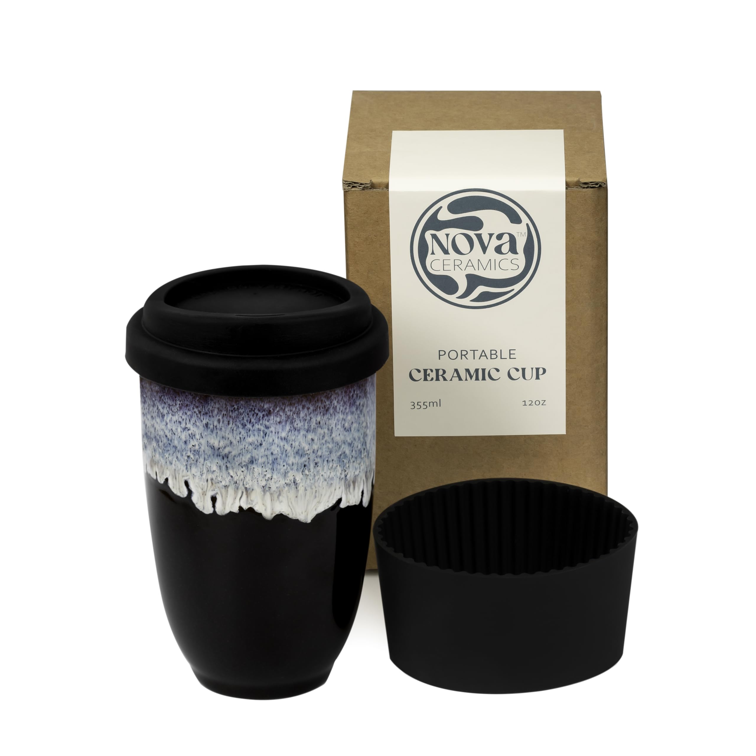 Nova Ceramics Reusable Coffee Cup, Ceramic Travel Mug with Lid and Sleeve, Portable Coffee Cup, Unique to Go Mug, Black with Running Blue Glaze, 12oz