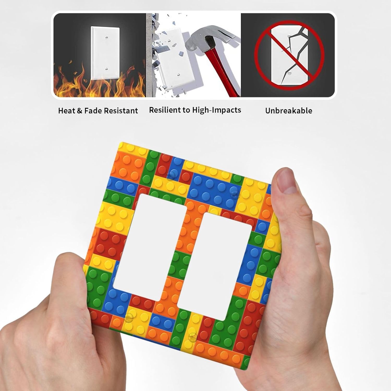 Decorative Outlet Covers with Colorful Multicolor Building Blocks Puzzle Design 2 Gang Wall Plate Double Rocker Light Switch Cover Double Switch Plate Cover Faceplate for Bedroom Decor