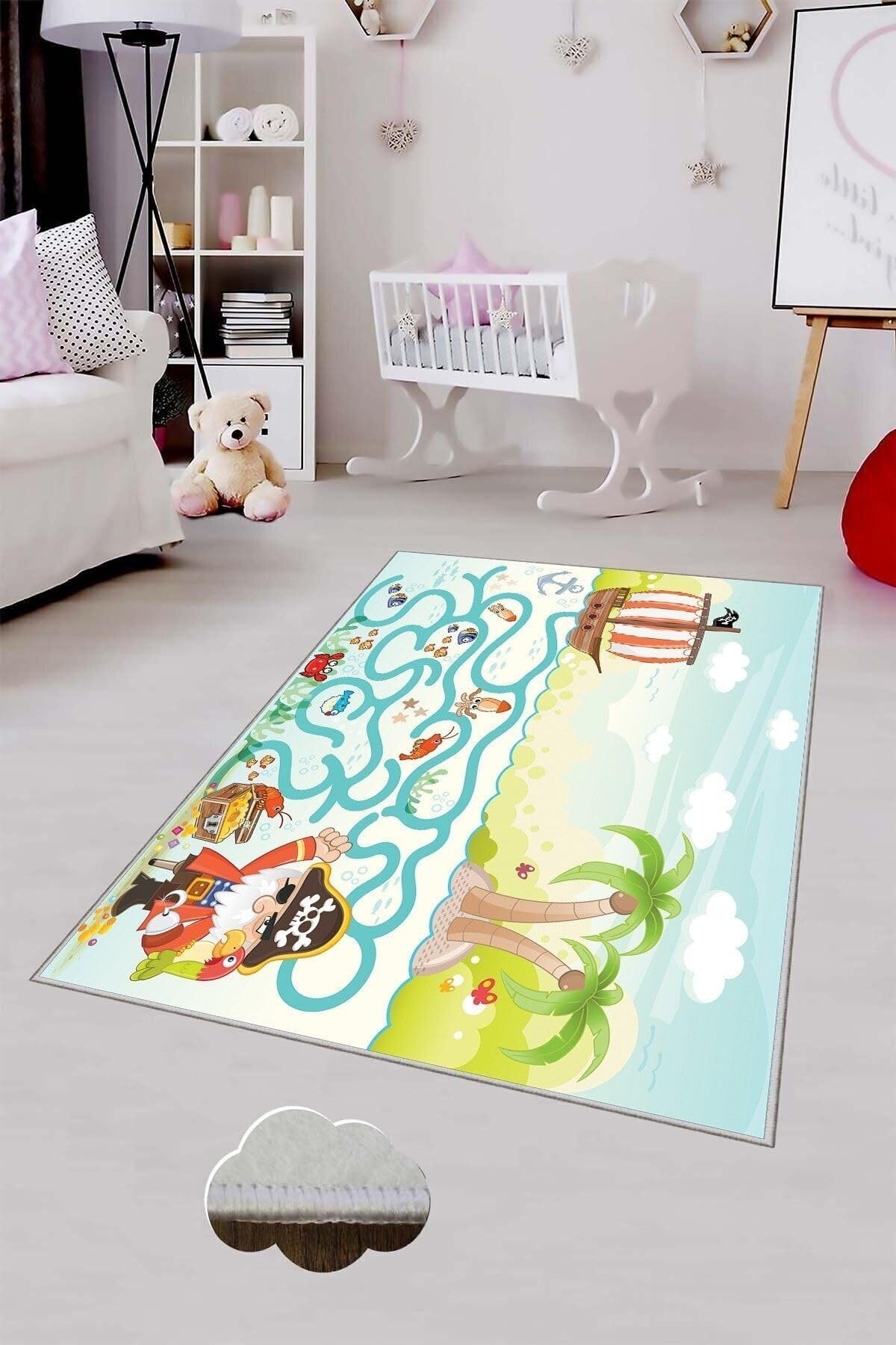 Pelangi Mavi Korsan Ve Hazine Desenli Yıkanabilir Kaymaz Taban Leke Tutmazbebek Ve Çocuk Odası Halısı, Yeşil-Mavi 80 x 500, 90135706980500