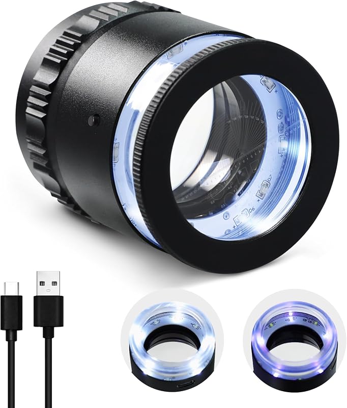Jewelers Loupe with LED & UV Light, USB Charging LED Scale Loupe 10X Jewelry Magnifying Glass with Detachable Glass Scale & Reticle - Optical Glass Lens for Diamond, Coins, Stamps and Textile