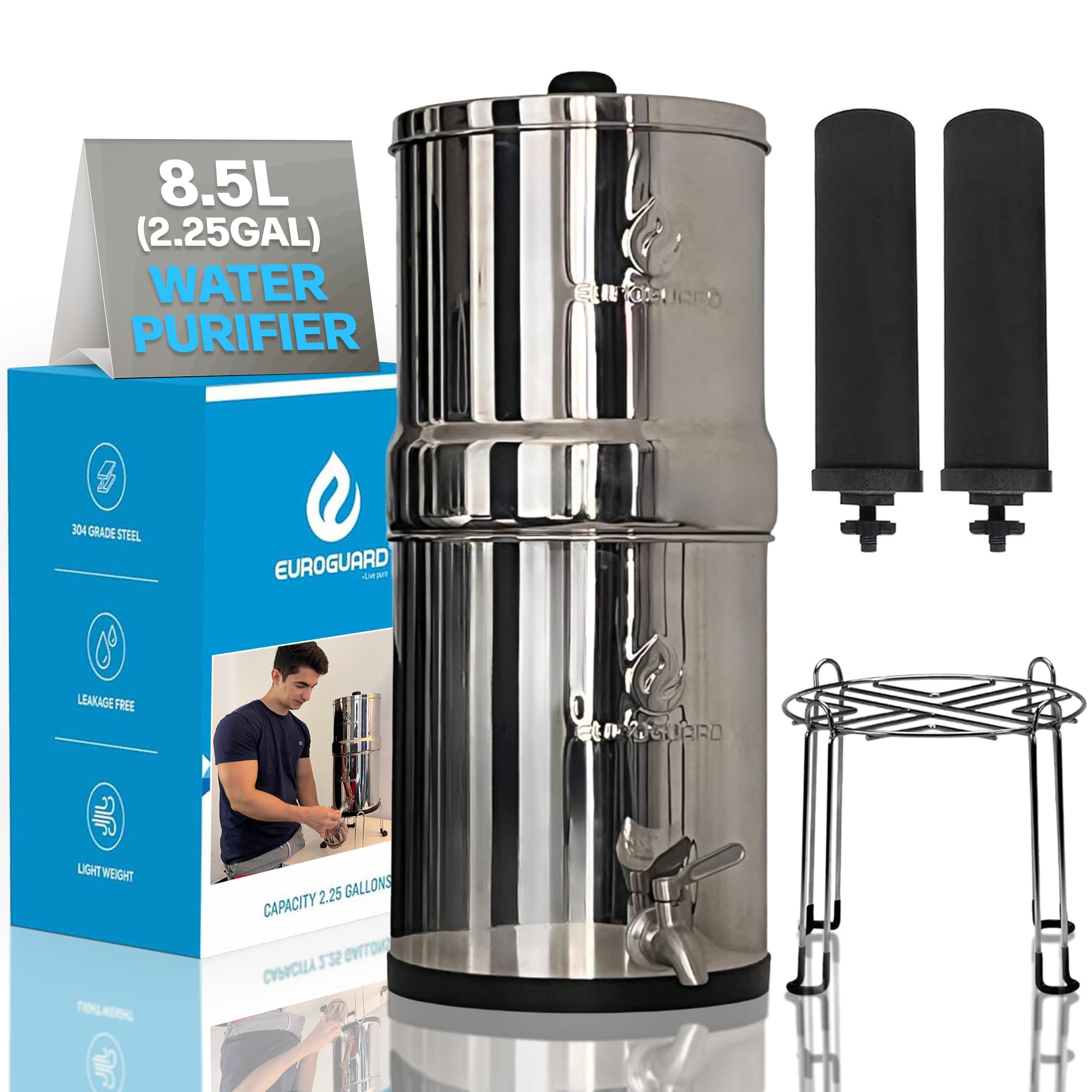 EUROGUARD® Filtro de Gravedad - Sistema de filtración de Agua en Acero Inoxidable 304, 8,5 L, 2 filtros de Carbón Activado, Grifo 100% INOX con Soporte en Acero Inoxidable.