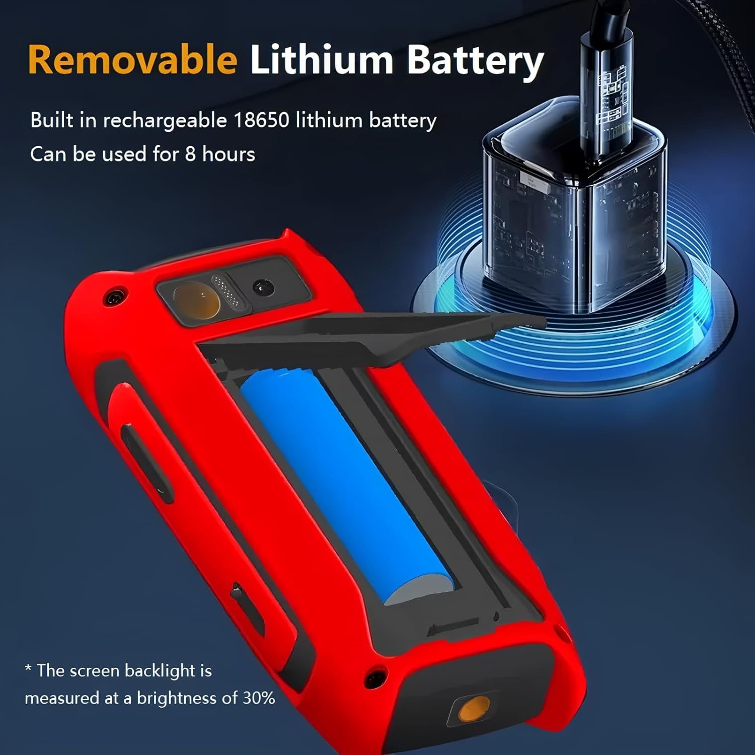 TOOLTOP ET14S with its battery compartment open, showing the removable 18650 lithium battery and a USB charger