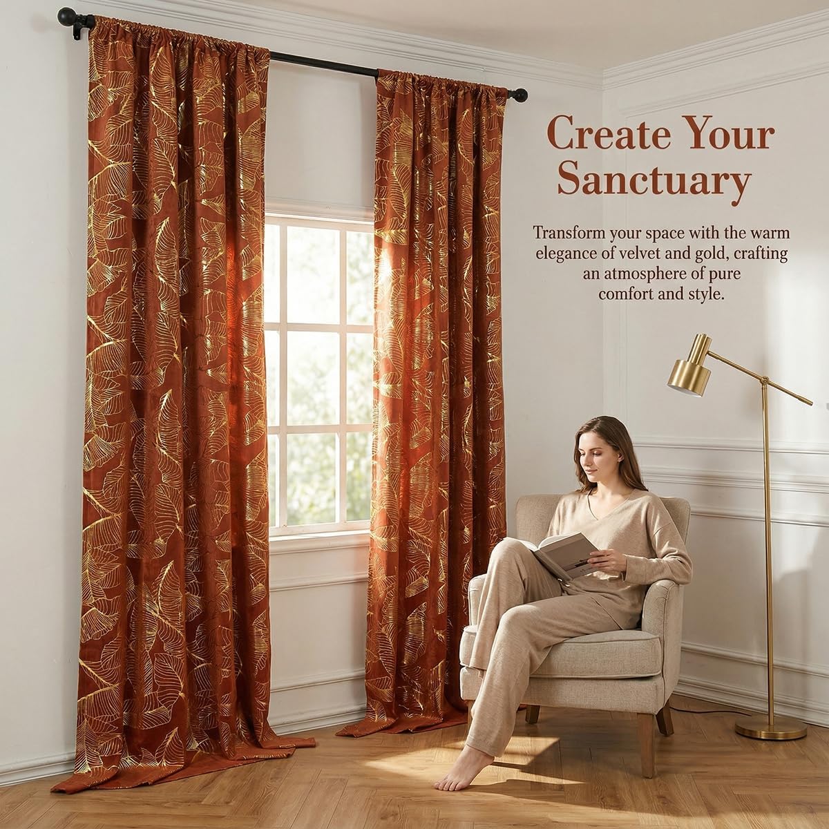 Burnt Orange Velvet Curtains Leaf Gold Foil Print 84" Long Soft Shiny Thick Fabric Insulated Blackout 70% Decorative Luxury Living Room Elegant Bedroom Rod Pocket 2 Panel (52" W x 84" L)