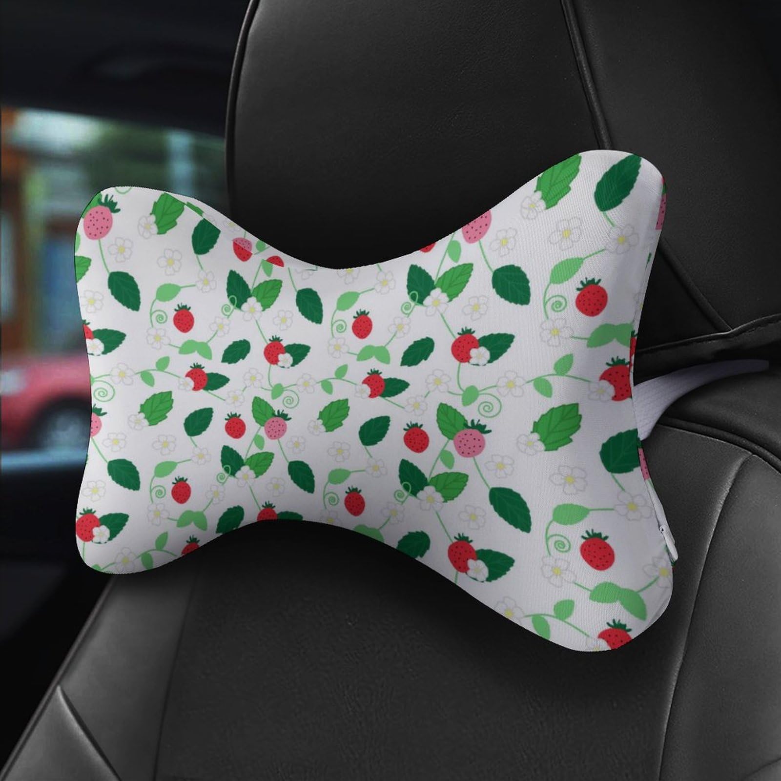 Strawberry Leaves Strawberry Flower Car Neck Pillow Set of 2 Car Seat Head Support Cushion Bone Pillows with Elastic Strap