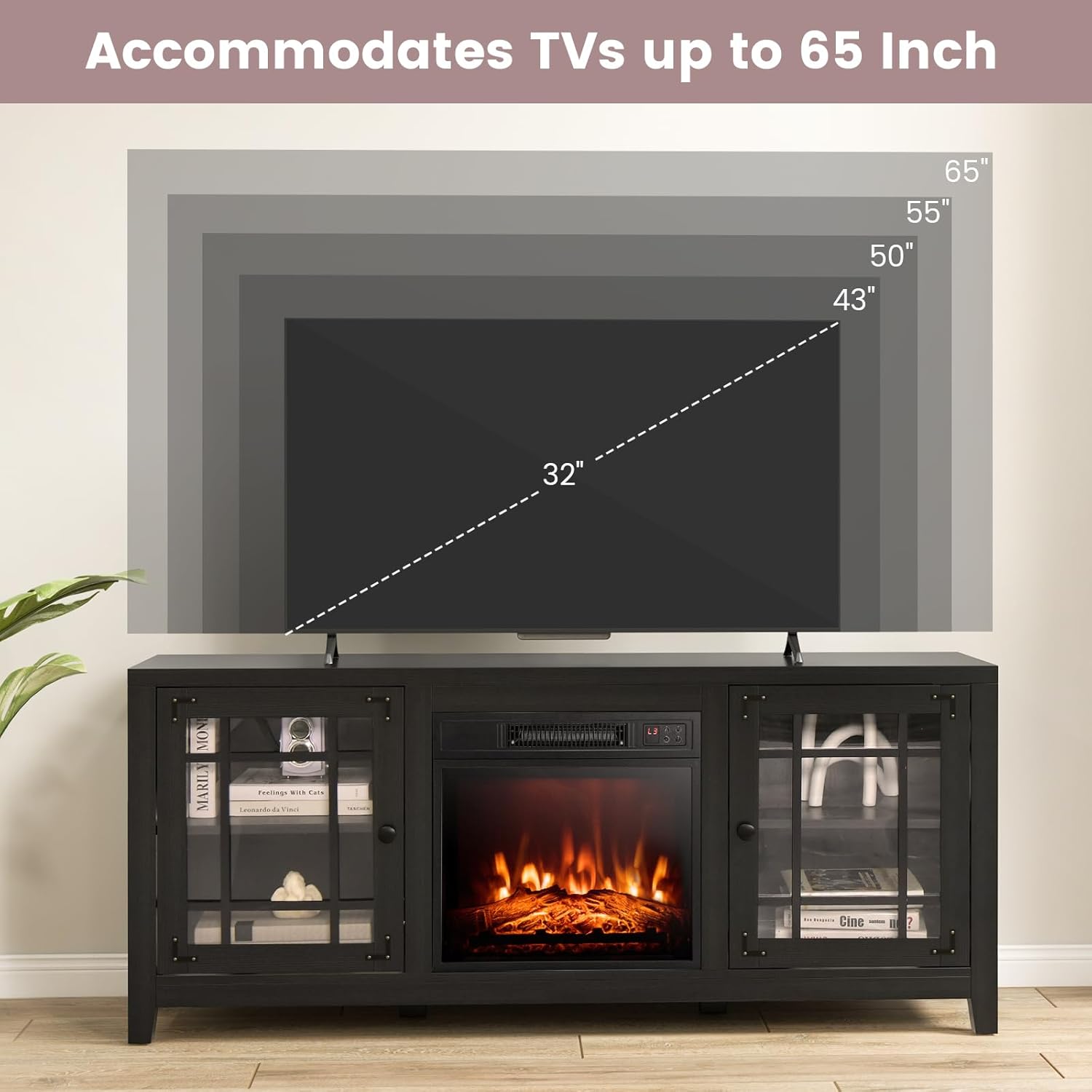 RELAX4LIFE 58" Electric Fireplace TV Stand for TVs up to 65’’, Media Entertainment Center w/19’’ Fireplace Insert Heater, 3D Flame, Remote Control, TV Console w/Adjustable Shelves, 1400W (Black)