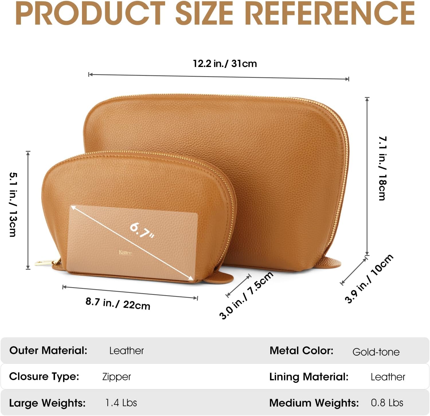 Kattee Leather Makeup Bag, Travel Cosmetic Bag Set, Toiletry Bag Organizer for Women, 1-PACK, Medium, Brown - Image 4