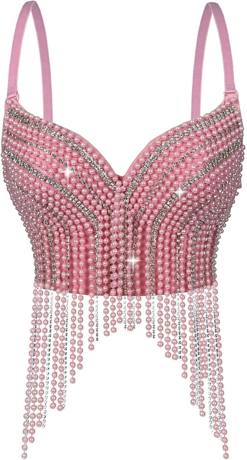 Pearl Diamond Chain Tassel Halter Top Sexy Fishbone Bustier Outer Stage Performance Costume