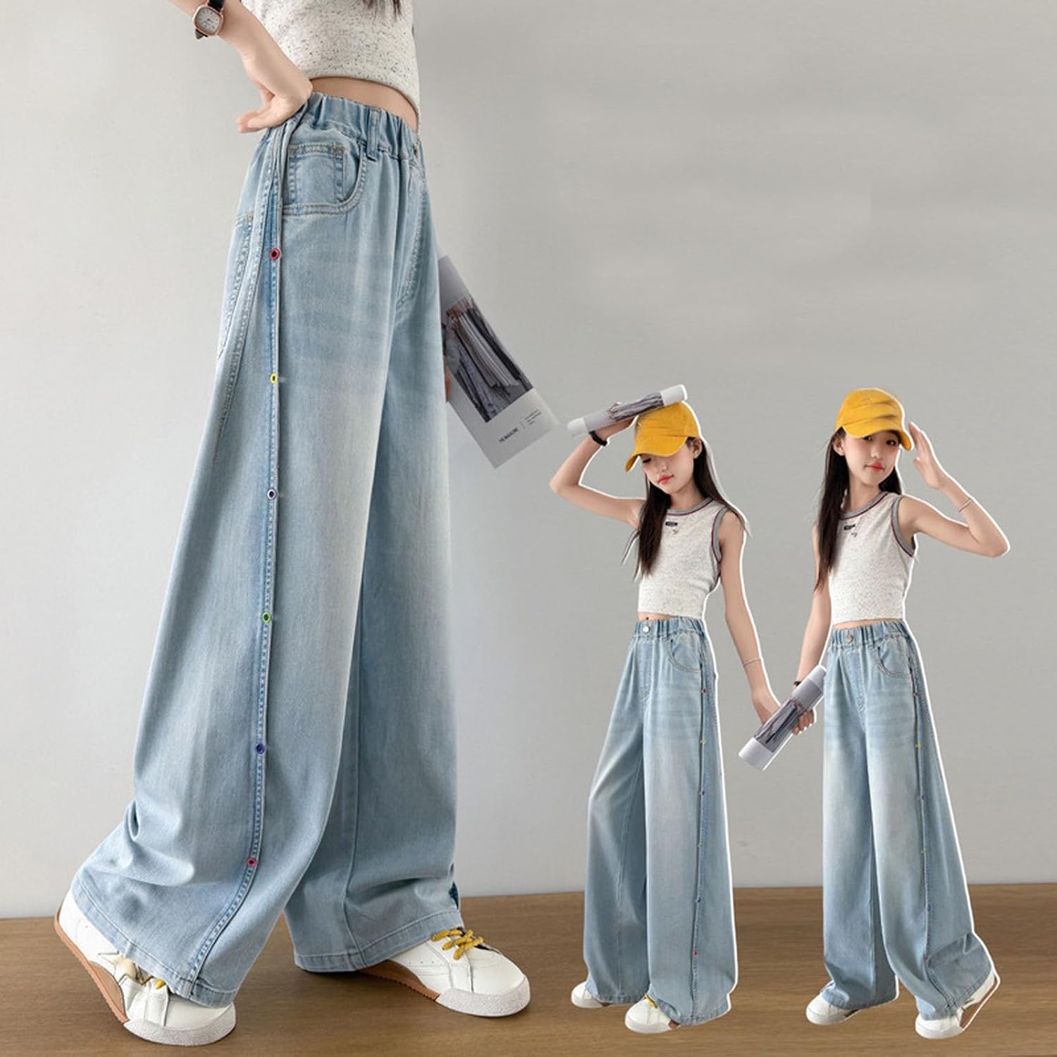 Girls Wide Leg Jeans Baggy Washed Relaxed Fit Teen Denim Pants