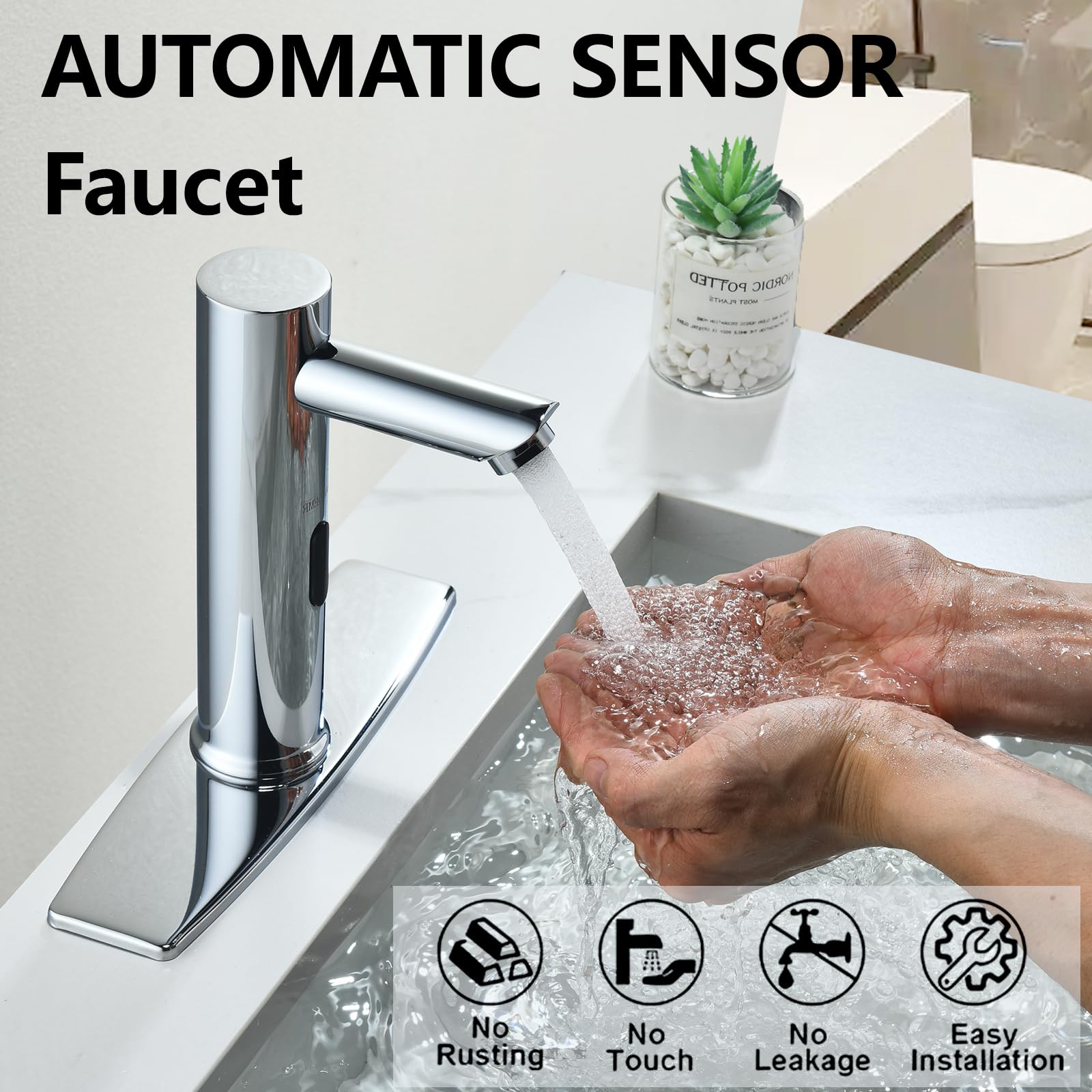 Grifo automático sin contacto con sensor de movimiento comercial, grifo de baño con placa de cubierta, grifos de tocador de cascada manos libres, grifo de agua para baño con caja de control y