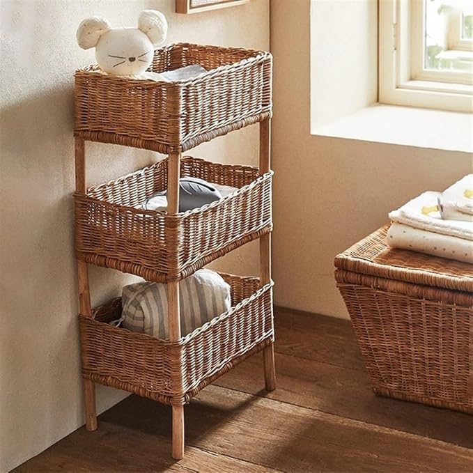 Amazon.com: WKSPOO 3-Tier Rattan Storage Rack, Hand-Woven Storage Rack, Vertical Tiered Basket for Living Room, Bedroom, Kitchen, Bathroom(Brown,11.8X7.9X23.6in) : Home & Kitchen