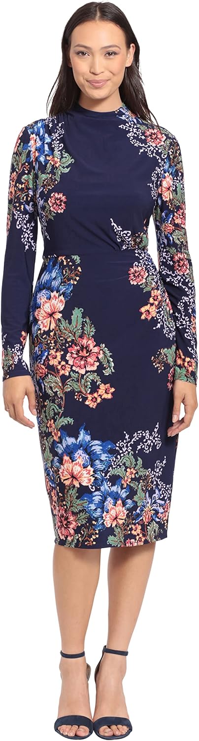 London Times Women's Petite Mock Neck Midi Dress with Ruching