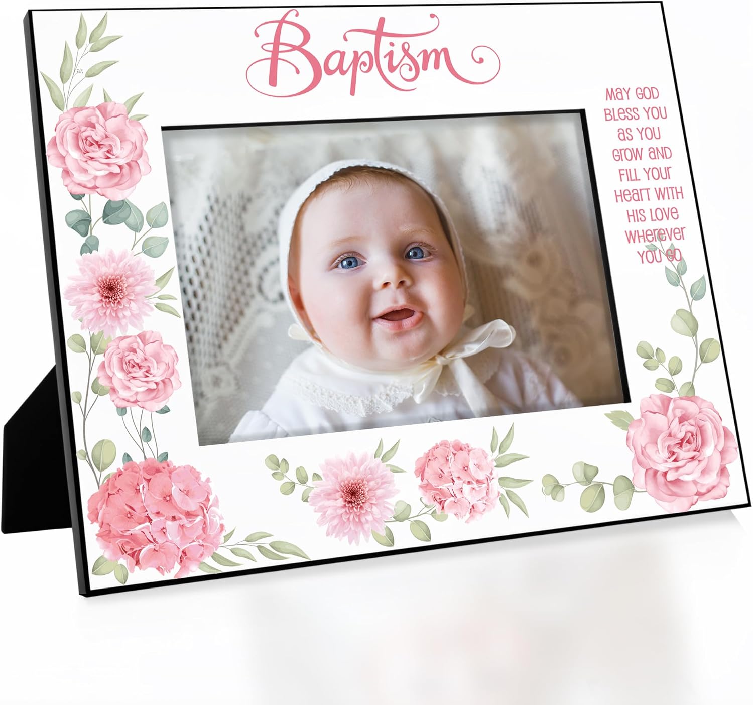 KATE POSH Baptism Picture Frame for Girl, Pink Flowers Decor, Christening, Religisous Gift, From Godparents, New Baby (5x7-Horizontal)