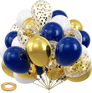 Navy Blue and Gold Confetti Balloons, 60 pcs 12 inch Pearl White and Golden Metallic Chrome Party Latex Balloon with 33 Ft Gold Ribbon for Birthday,Wedding and Celebration Graduation Decoration