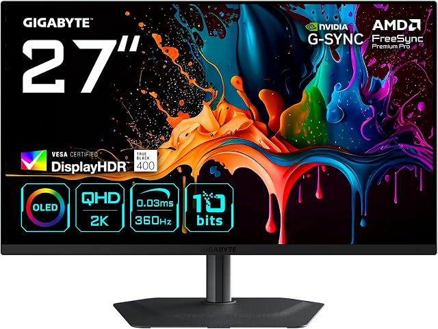 GIGABYTE MO27Q3 26,5" QD-OLED Gaming Monitor, QHD (2560x1440), 360Hz, 0.03ms GTG, HDMI 2.1 & DP 1.4, Display HDR True Black 400, HDR 1000 nits, KVM & USB-C, Dahili Hoparlör — Amazon ürün görseli