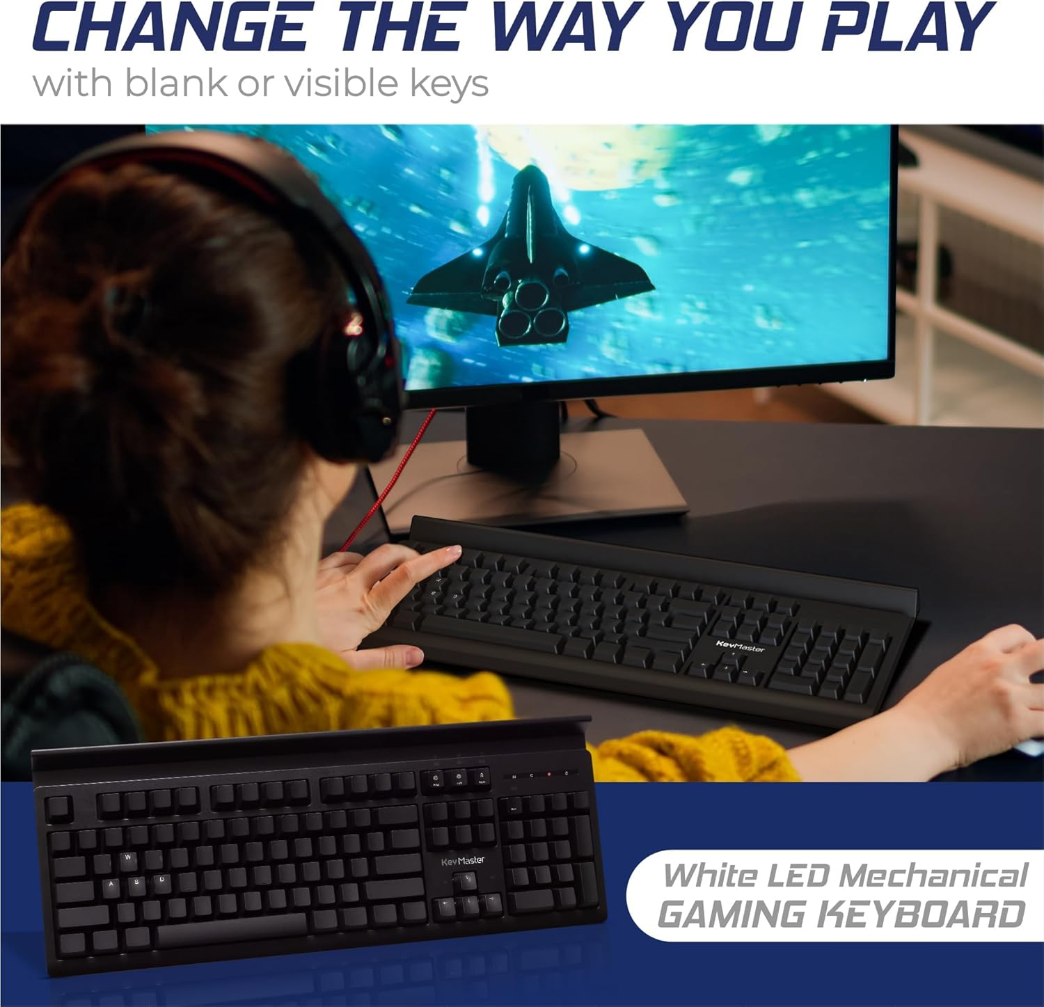 Blank or Visible Keys | Mechanical Wired PC Keyboard for Home, Office, Gaming | Shine Through Keycaps with Custom Key Lighting | Backlit White LED with Show/Hide Light Up Keys | Silent Linear Switches