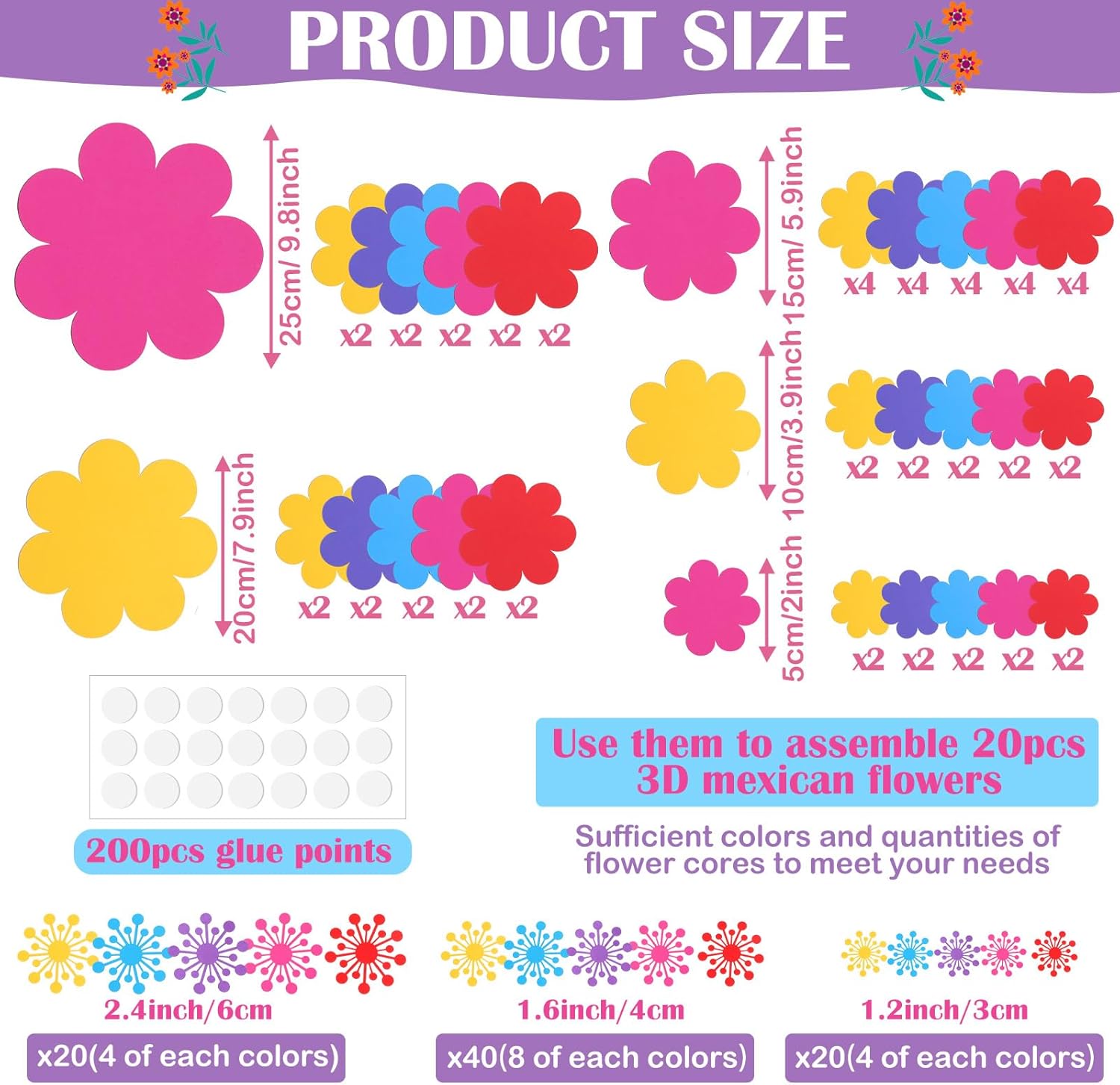Mooliwe 20 Set Mexican Paper Flowers Decorations for Wall DIY Fiesta Bulletin Board 3D Handcrafted Paper Flowers Backdrop Decoration for Mexican and Holiday Party (Classic)