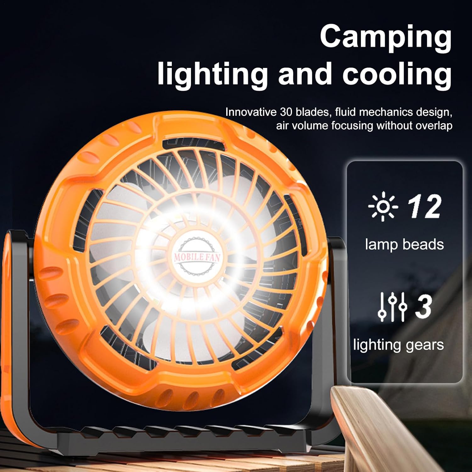 Rechargeable Camping Fan - Camping Fan with Light, Battery Operated Camping Fans, 3 Speed Waterproof Fans with Hanging Hook, Po Cooling