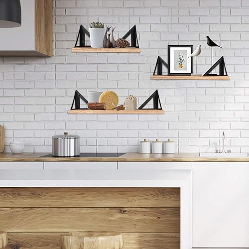 Miniatura 5 de Juego de 3 estantes flotantes flotantes rústicos montados en la pared para baño, dormitorio, sala de estar, cocina, fácil de instalar, decoración y