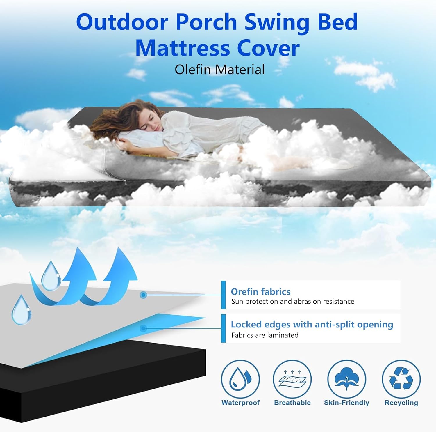 8inch Twin Size Patio Porch Swing Bed Cushion Cover Waterproof, Olefin Outdoor Daybed Mattress Covers Sheet Fitted Slipcover with Zipper-ONLY Twin Cover (Dark Grey, 75 * 39 * 8inch)