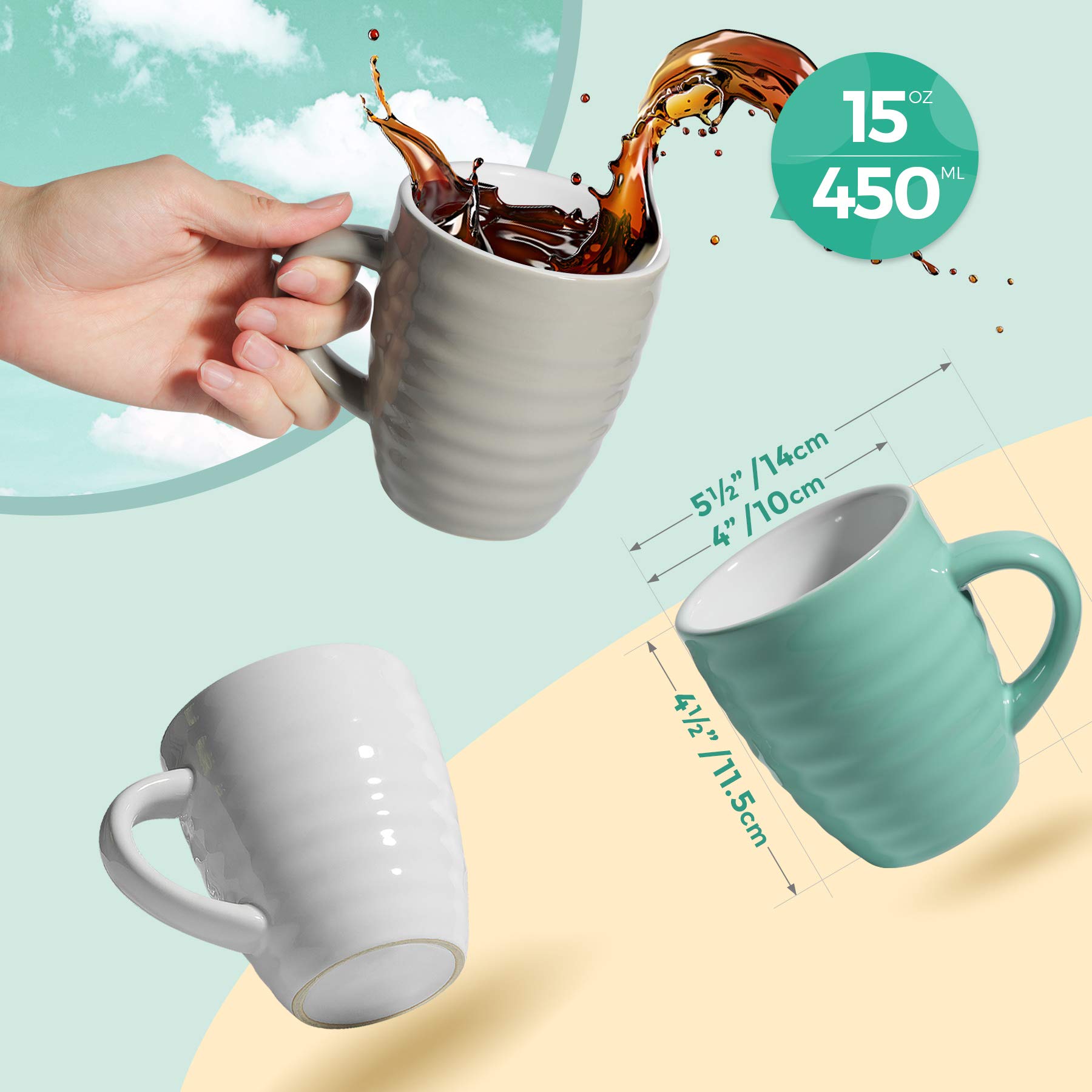 ComSaf Ceramiczne kubki do kawy, zestaw 6 sztuk, 450 ml, duży kubek do kawy, filiżanka do herbaty do biura, domu, porcelanowy kubek z uchwytem do płatków kakao cappuccino, nowy kubek jako prezent urodzinowy, miętowy zielony