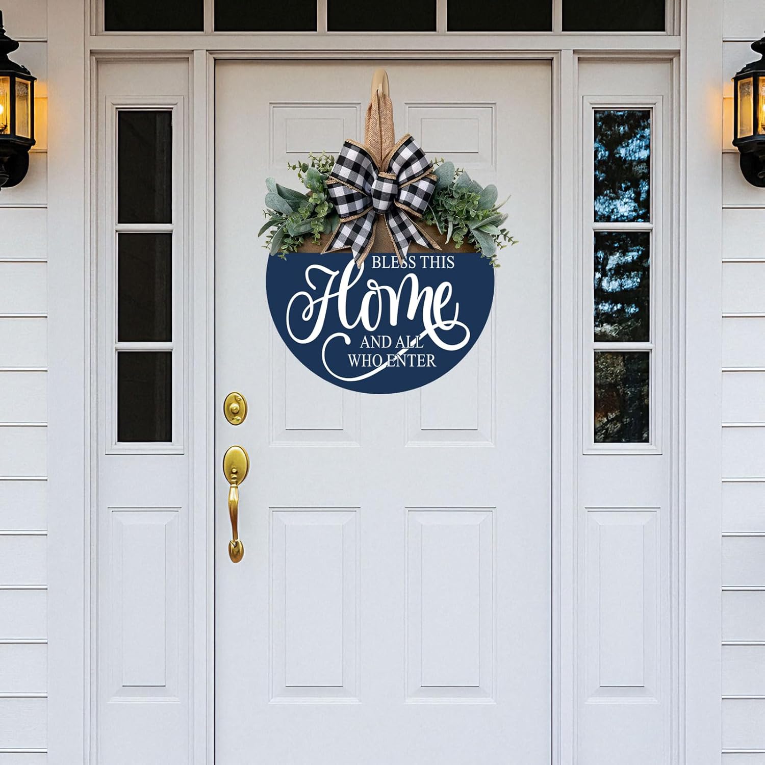 Bless This Home Welcome Sign for Front Door, Rustic Wood Wall Decor Porch Wreaths Hanging Door Decorations for Home Outdoor for Spring Summer Fall All Seasons Holiday