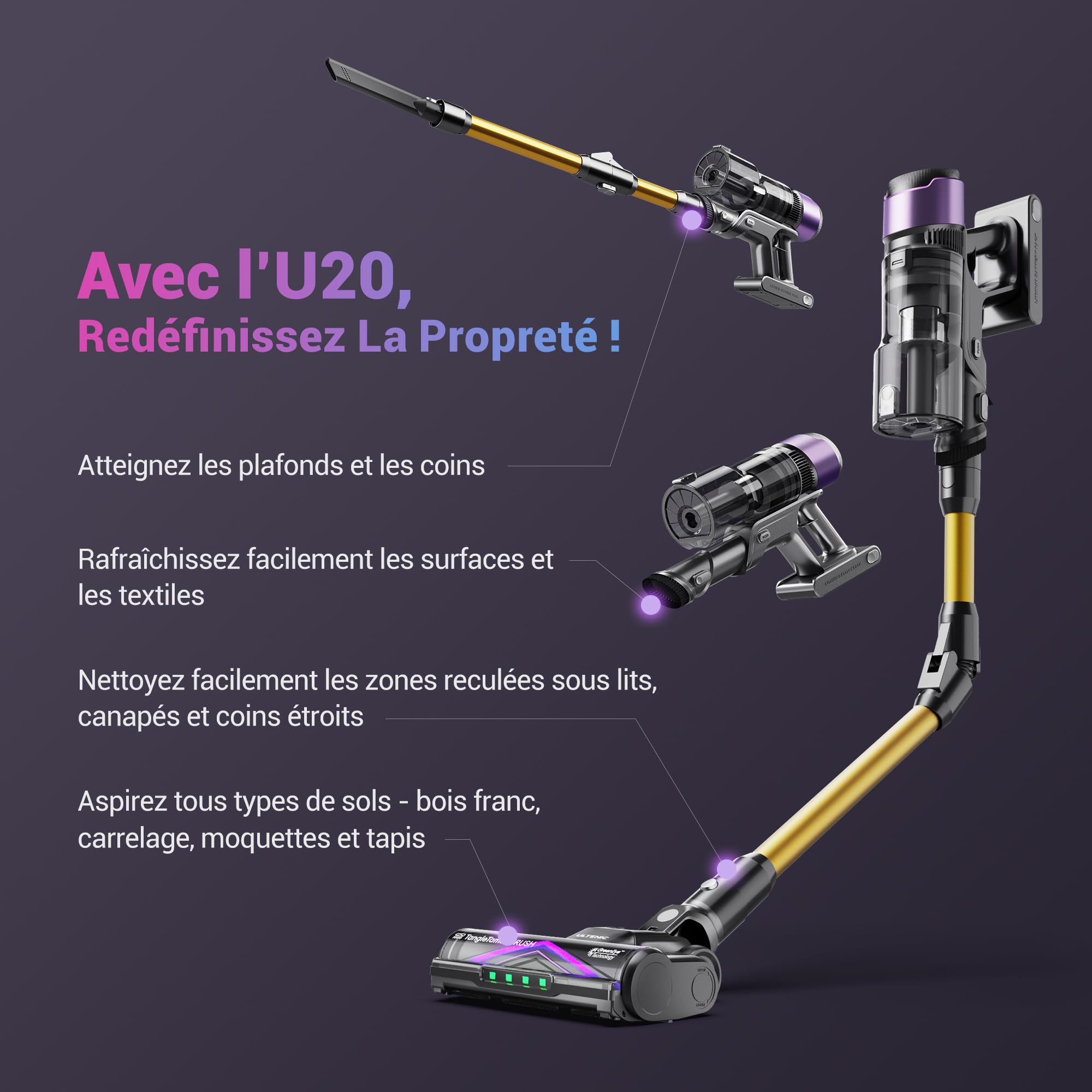 Ultenic Aspirateur Balai sans Fil, 55kPa/60min Aspirateur sans Fil, Technologie GreenEye, Tube Pliable, Brosse de Sol TangleTame, Puissant pour Poils Animaux, Sol Dur et Voiture