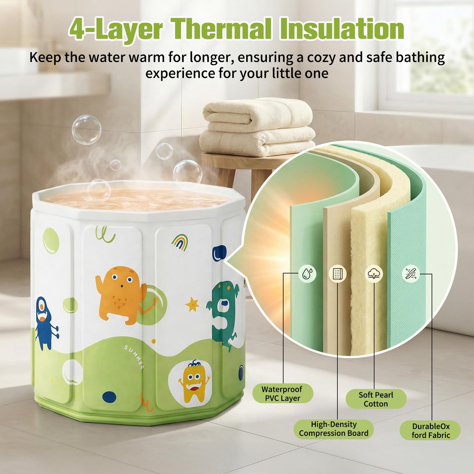 Portable Bath Tub for Toddlers - Foldable Bath Tub, Deep Soak Bathtub for Children Aged 1-7, for Outdoor or Bathroom (40×55cm) - Image 2