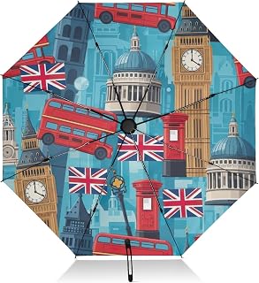 Parapluie compact, coupe-vent, ouverture et fermeture automatiques, taille compacte pour sac à dos/sacs à main pour femme, monuments rétro de Londres, bleu