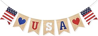 Uniwish USA Banner Burlap Bunting 4th of July Decorations American Independence Day Celebration Red White and Blue Theme Party Supplies