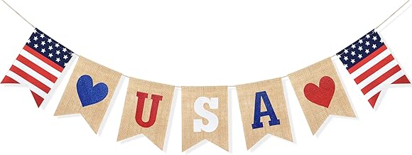 Uniwish USA Banner Burlap Bunting 4th of July Decorations American Independence Day Celebration Red White and Blue Theme Party Supplies