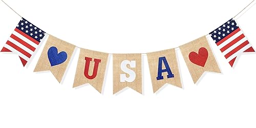 Uniwish USA Banner Burlap Bunting 4th of July Decorations American