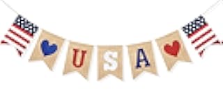 Uniwish USA Banner Burlap Bunting 4th of July Decorations American Independence Day Celebration Red White and Blue Theme Party Supplies