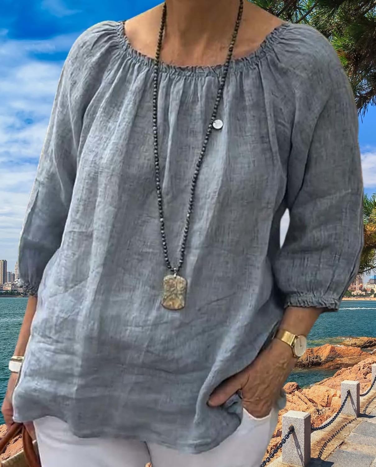 Summer Casual Womens Linen Shirt Round Neck Half Sleeve Linen Loose Pleated Tops Fashion Blouse T Shirt - Image 5