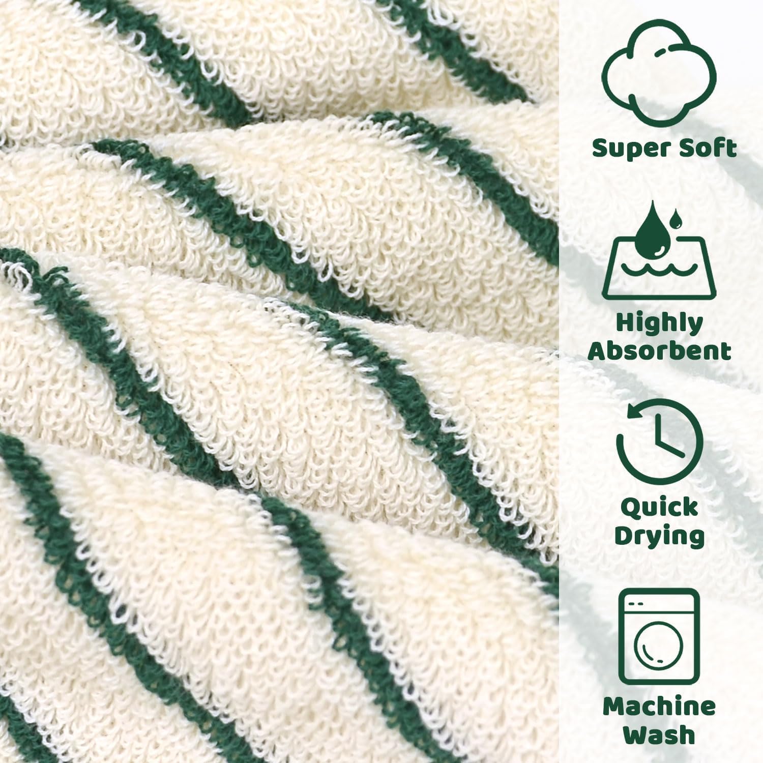Jacquotha Striped Cotton Washcloths 12 Pack, 13” x 13” - Soft Wash Cloths for Bathroom, Kitchen, Gym, Face, Green and Cream
