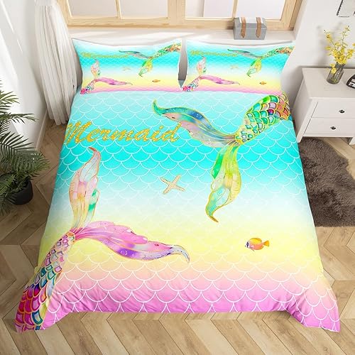 Manfei Juego de funda de edredón de sirena tamaño matrimonial, funda de edredón de escamas de peces en acuarela con 2 fundas de almohada, juego de