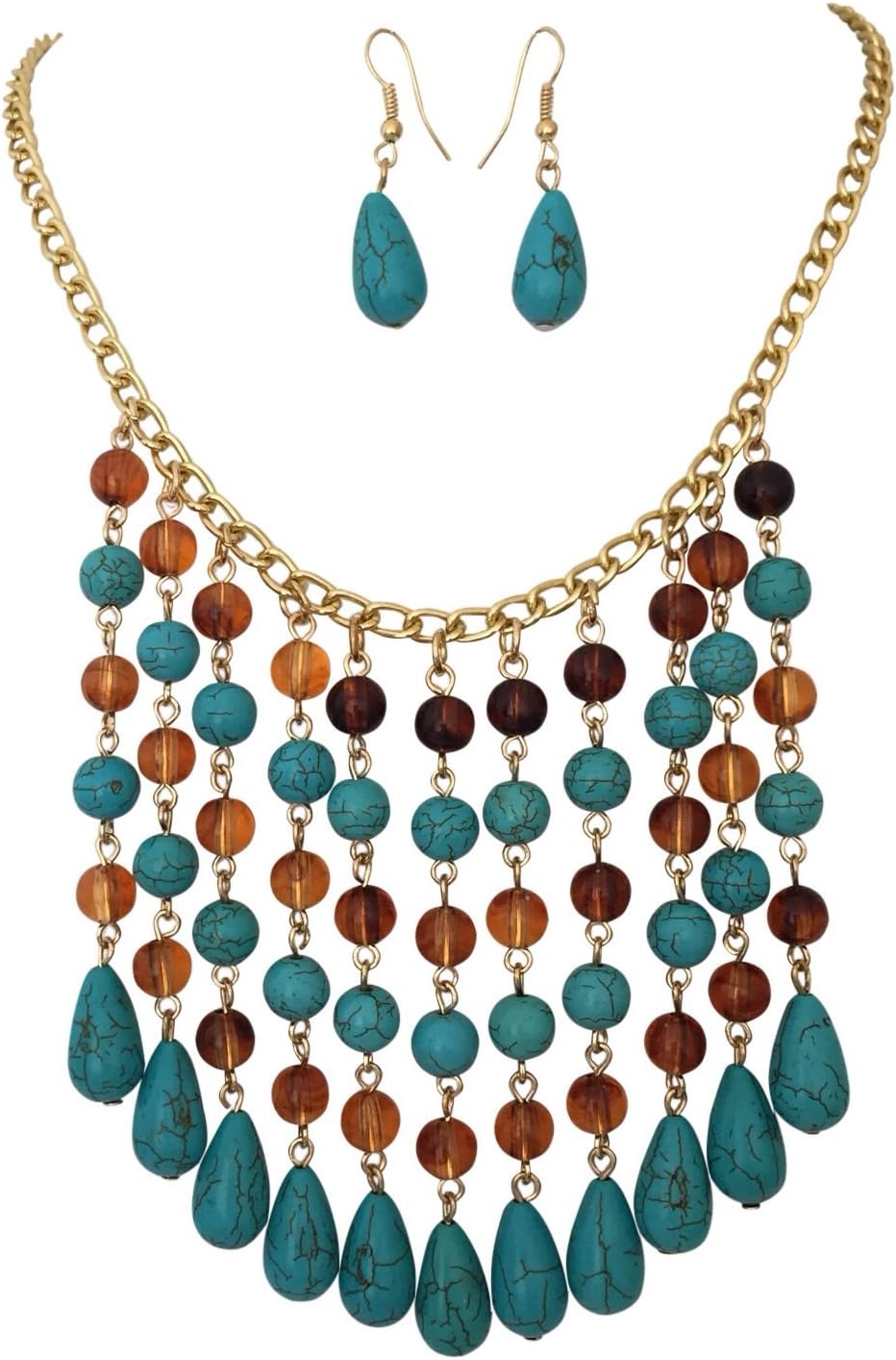 Gypsy Jewels Cascading Simulated Turquoise Stone Brown Gold Tone Beaded Necklace Earrings Set