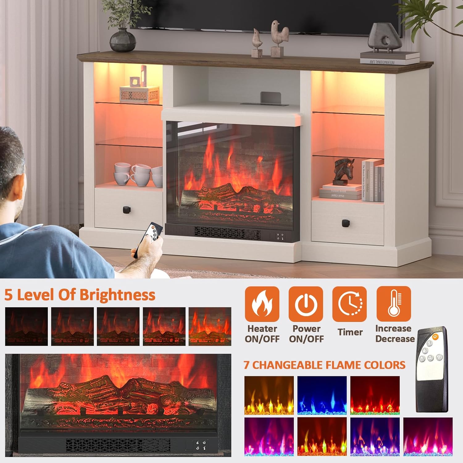 Rresyet Fireplace TV Stand for 65 inch TV with LED Lights, tv Stand with 23'' 3-Sided Farmhouse Electric Fireplace & Remote, Power Outlets & Adjustable Shelves, Media Console with Storage