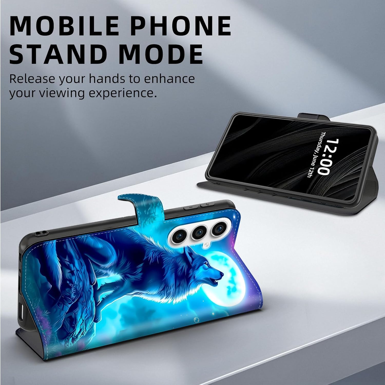 for Samsung Galaxy A16 5G Phone Case Wallet with Card Holder, Wolf Howling at Blue Moon RFID Blocking Leather Flip Cover Kickstand and Magnetic Snap