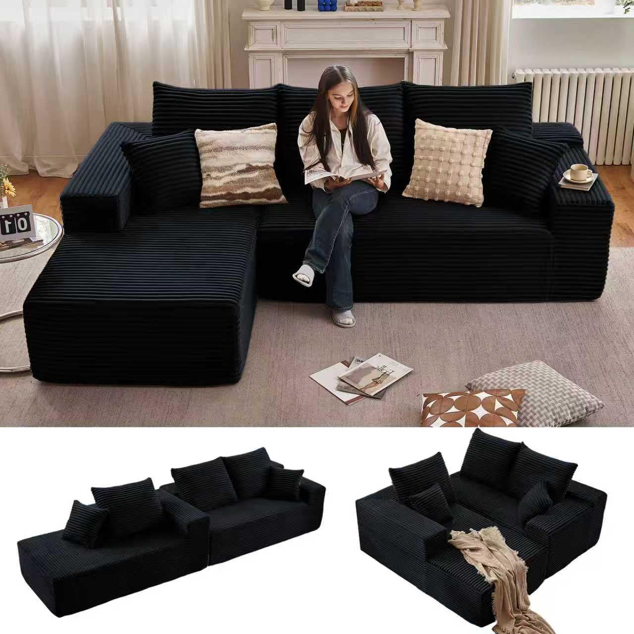 96 Modular Sectional Sofa Modern Corduroy Cloud Couch with Deep Seat Boneless Couch Upholstered 3-Seater L-Shaped Sofa for