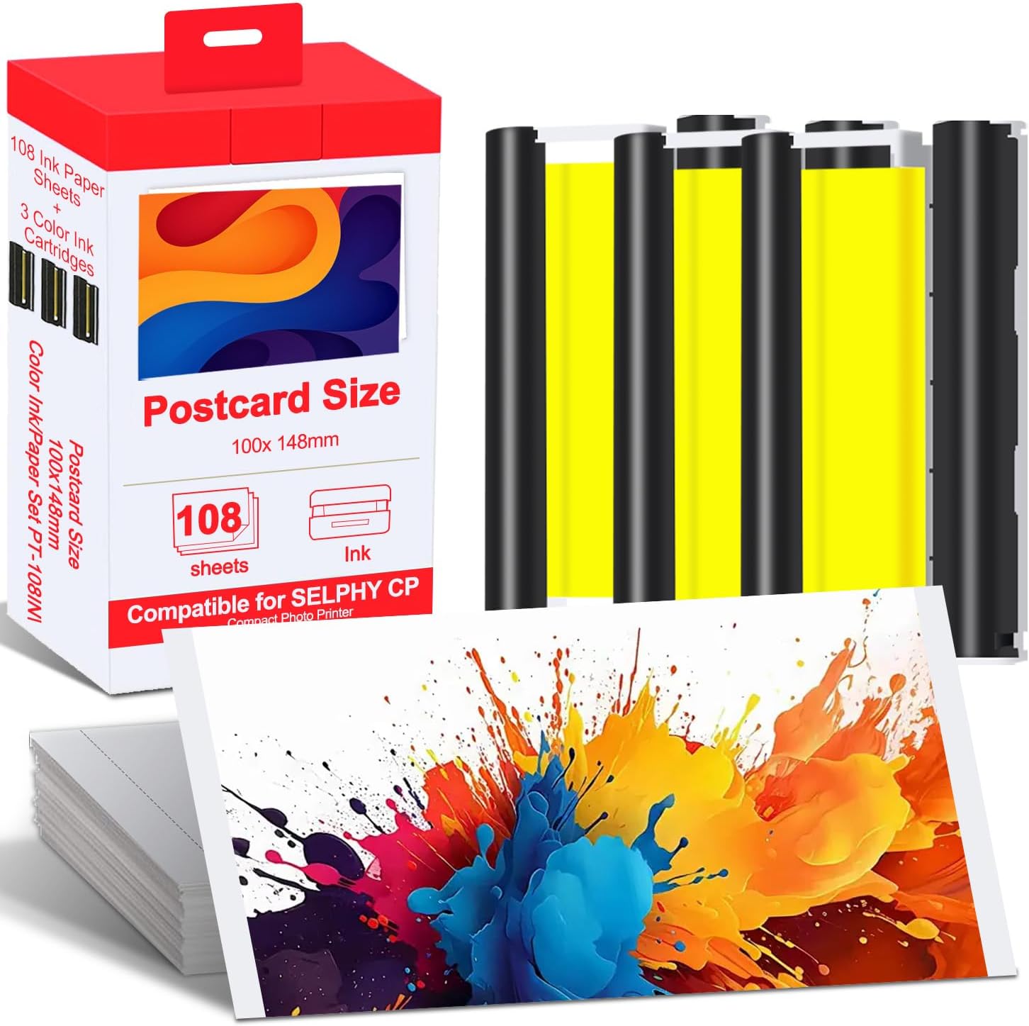 Compatible for Canon Selphy CP1500 Ink and Paper, KP-108IN KP108 3 Color Ink Cartridges and 108 Sheets Glossy 4x6 Photo Paper for Selphy CP1500 CP1200 CP1300 CP1000 CP910 CP900