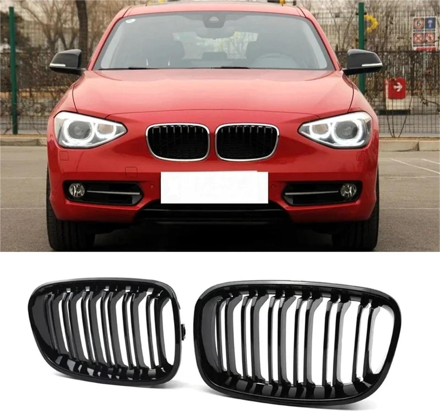 Car Front Bumper Kidney Grille Racing Grills Compatible with BMW 1 Series F20 F21 11-14 Replacement Double Slat Gloss Black Grilles