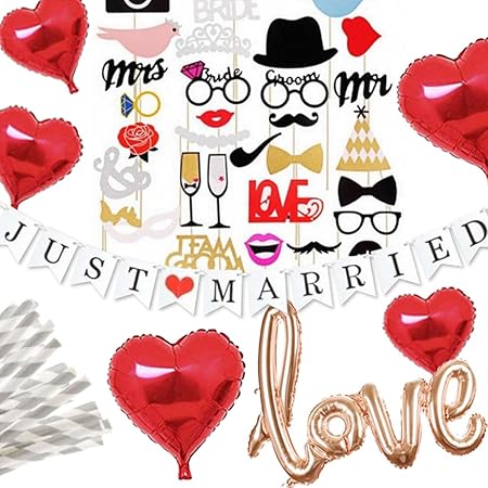 Amazon Hanamei ウェディング フォトプロップス ガーランド 装飾 パーティーフォト セット 写真 撮影 Love バルーン ハート Just Married ガーランド 結婚式 2次会 Pa013 レッド 風船 バルーン おもちゃ