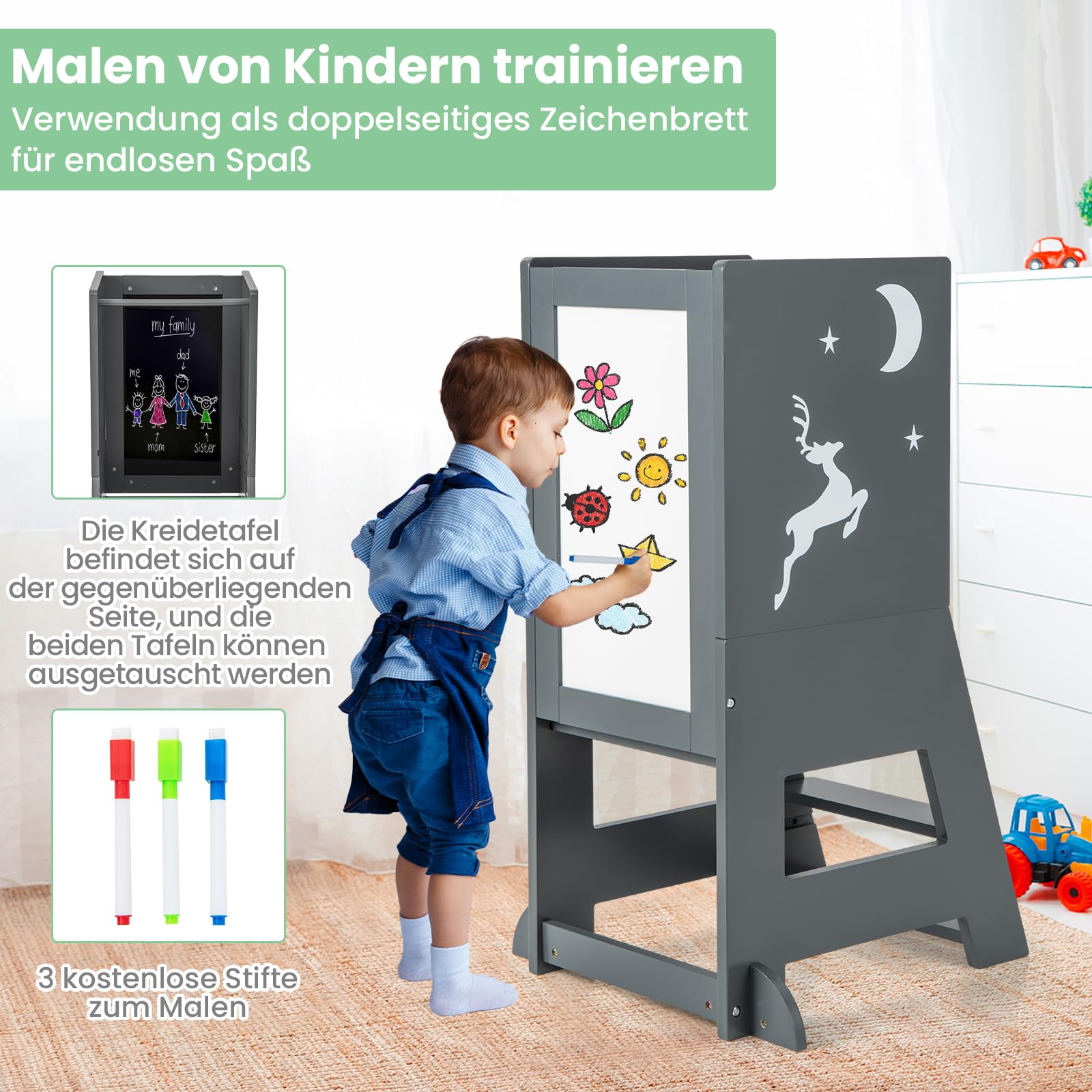 COSTWAY Wieża edukacyjna dla dzieci, 2 w 1, stołek do stąpania Montessori z 3 regulowanymi wysokościami i dwustronną tablicą, stołek z 3 bolcami, pomocnik kuchenny dla dzieci od 1 lat, obciążenie 70
