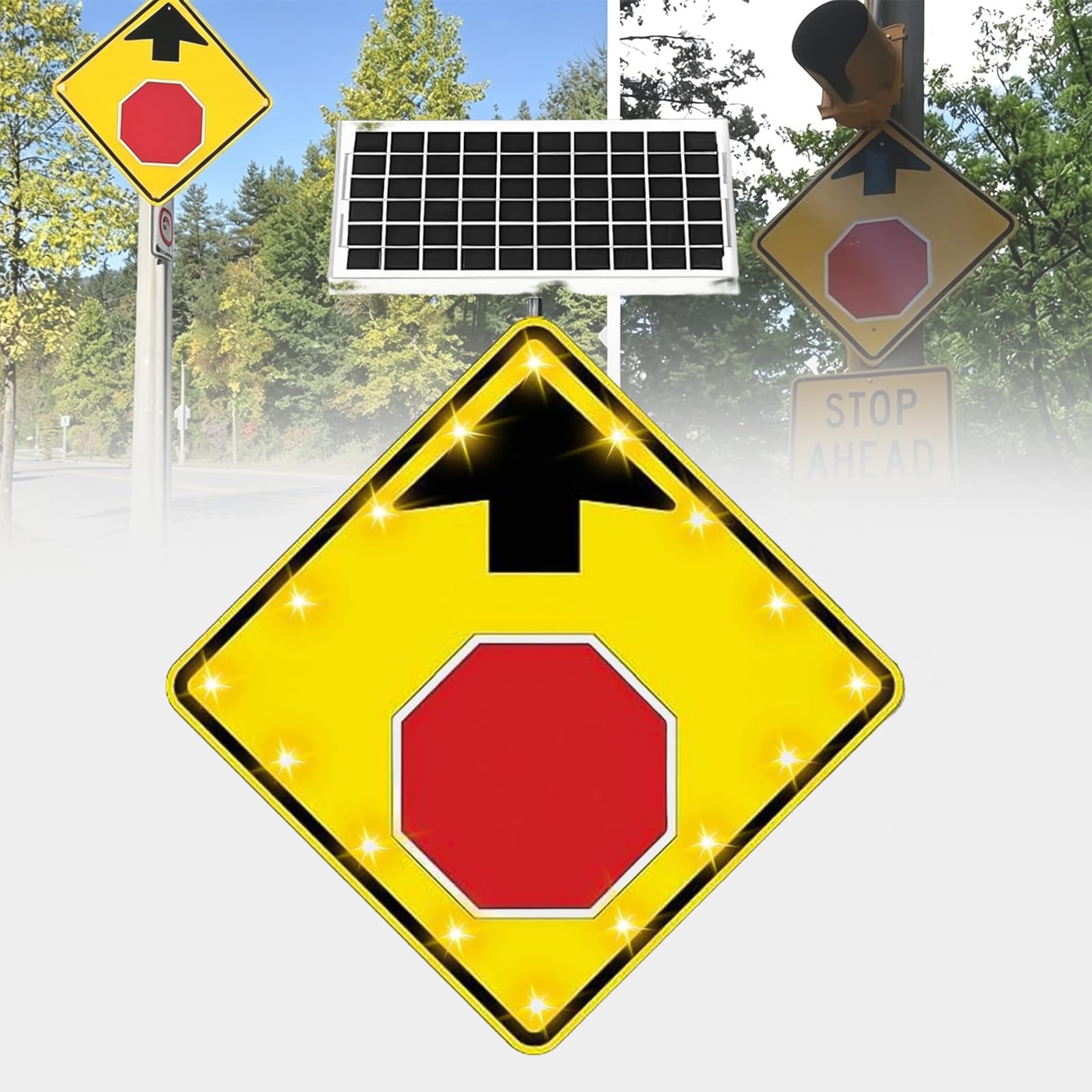 Señal De Advertencia Solar LED Intermitente "Pare Más Adelante" De 24/30 Pulgadas; Aluminio Reflectante (norma W3-1); Resistente Al Agua (IP65) Y A La Corrosión; Uso En Exteriores.(24in)