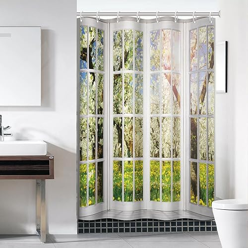 Miniatura 59 de Cortina de ducha verde salvia con eucalipto, cortina de ducha de tela impermeable con hojas de planta de primavera, cortina de ducha acuarela verde