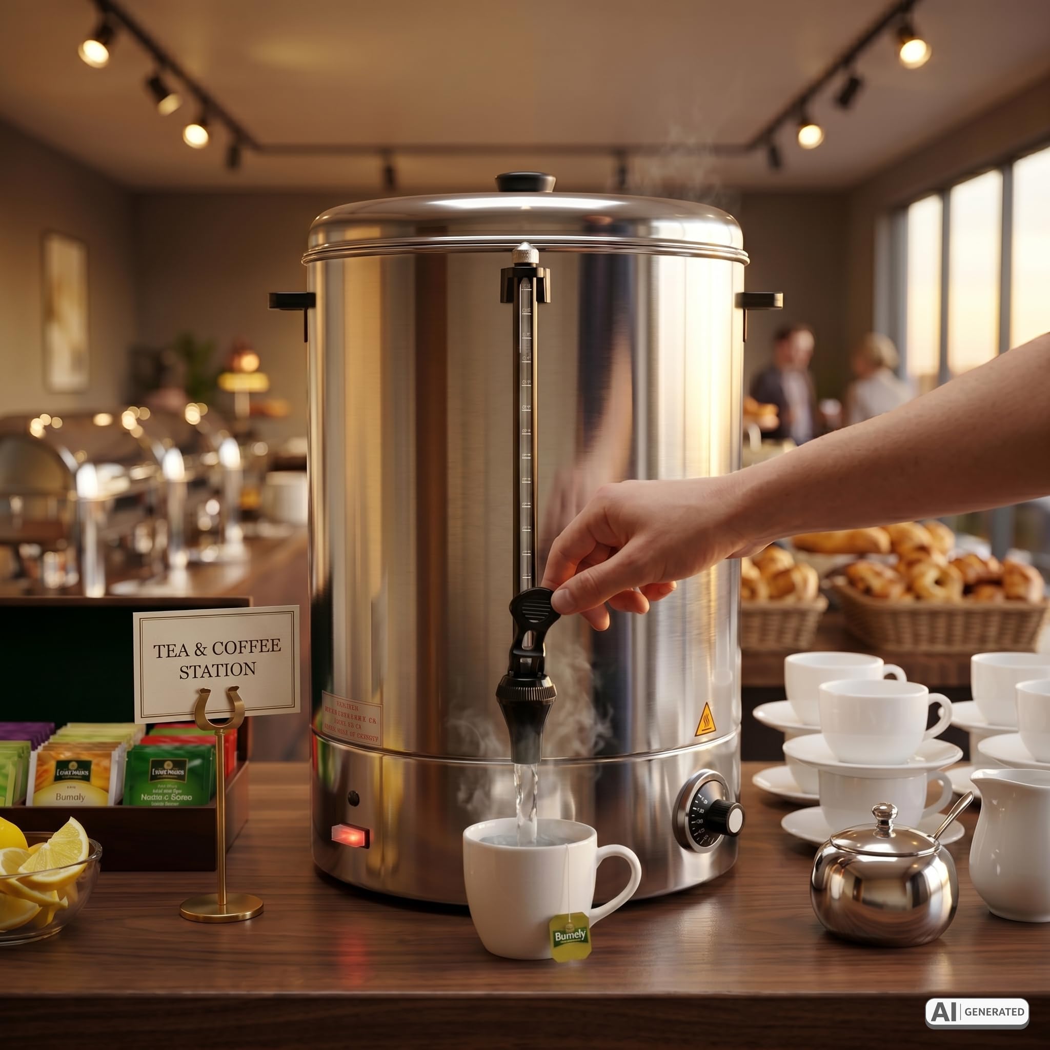 SARO HOT DRINK MINI Hervidor de vino caliente y dispensador de agua caliente, 10 l, acero inoxidable, temperatura 30-110 °C, luces de control, protector térmico