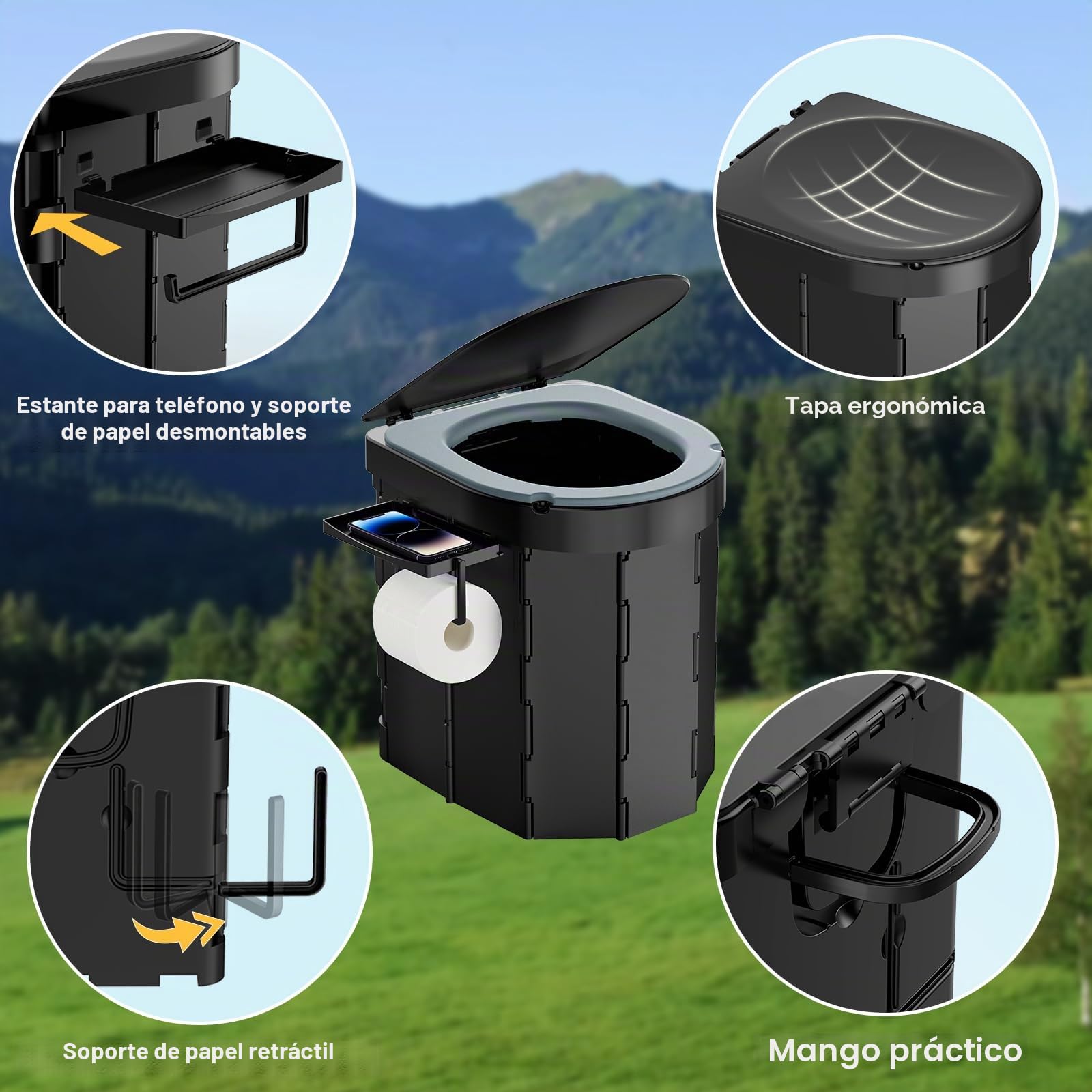 WADEO Inodoro portátil de camping y para coche con cómodo asiento de EVA, inodoro plegable para adultos, cubo higiénico con tapa integrada, portarrollos, soporte para el móvil y 20 bolsas